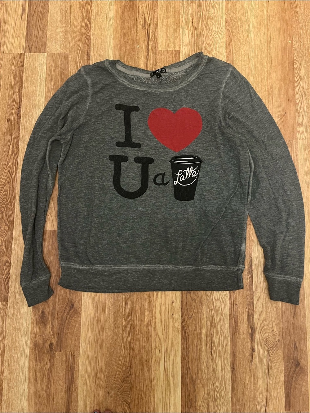 Fifth Sun Gray Crewneck Sweatshirt with Red Heart Latte Graphic